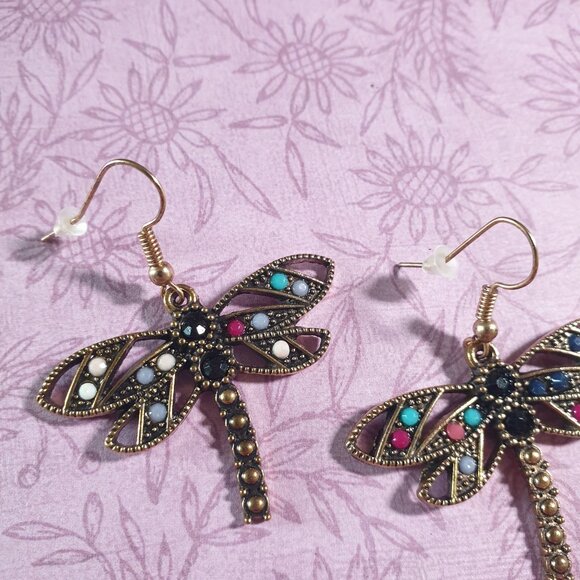 Dragonfly Dangle Earrings With Multicolor Gem Accents & Antique Gold Finish For - Picture 2 of 5